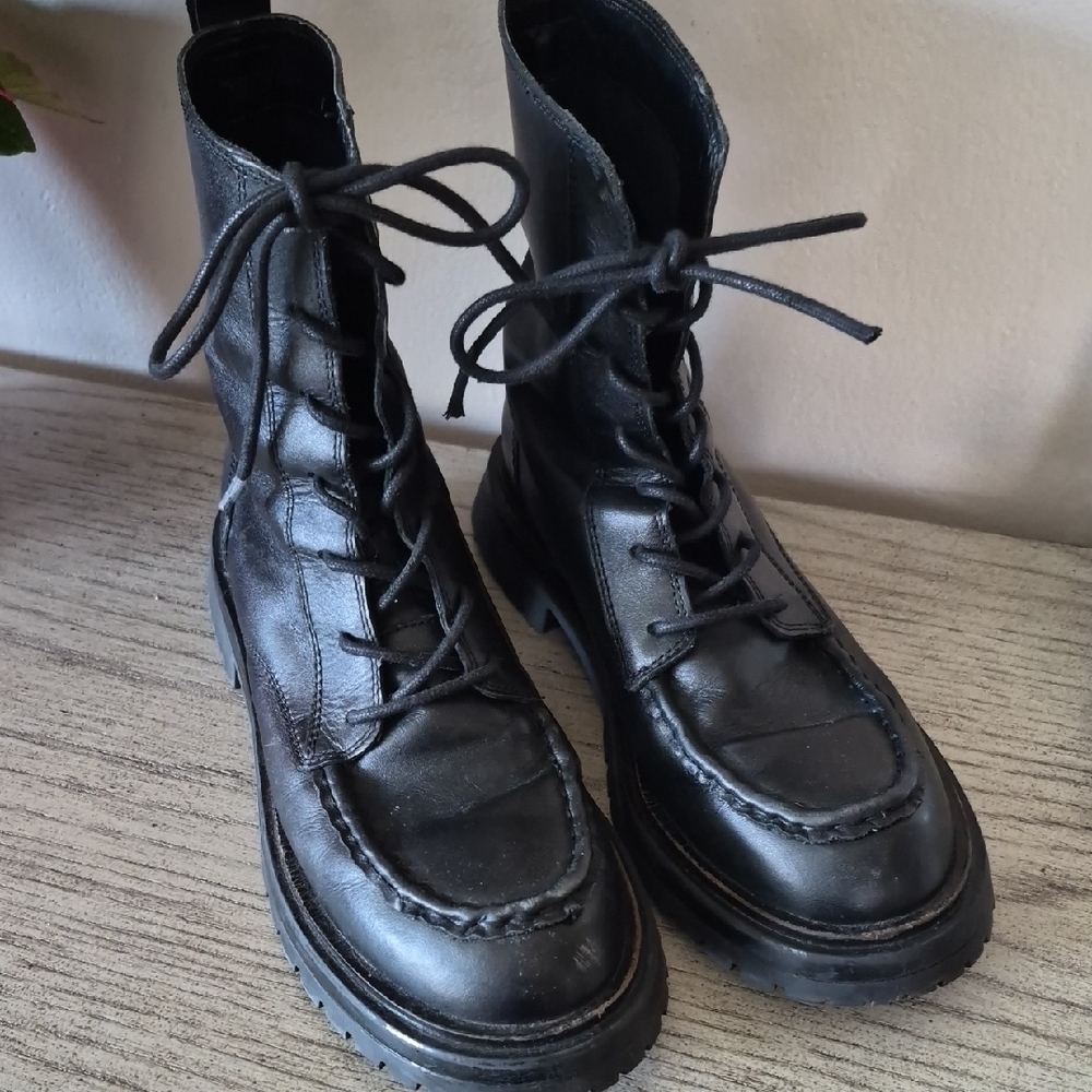Zara Black Leather Lug Sole Laceup Boots